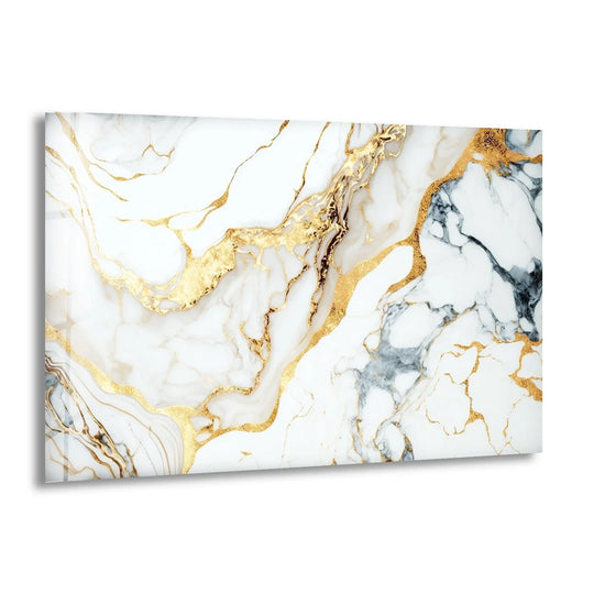 Luxurious white and gold marble patterns form the focal point of this elegant glass wall art decor.
