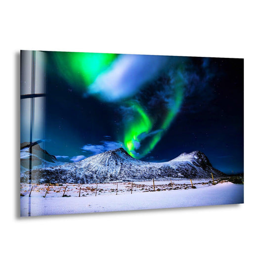 The realistic detail showcases vibrant green and blue Northern Lights above snowy peaks in this stunning landscape glass wall artwork.