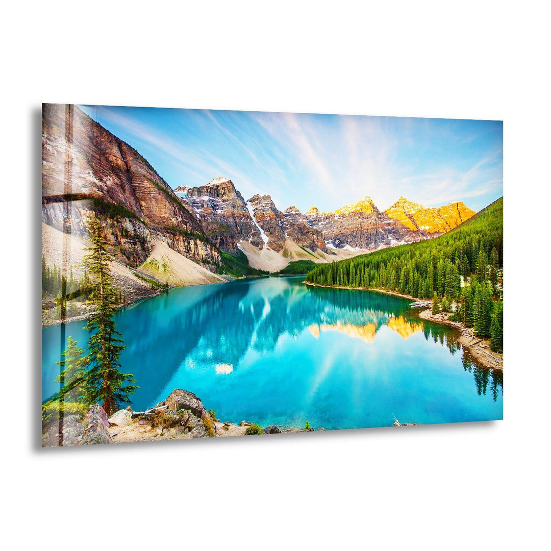 Moraine Lake Glass Wall Art – A Stunning Alpine Reflection
