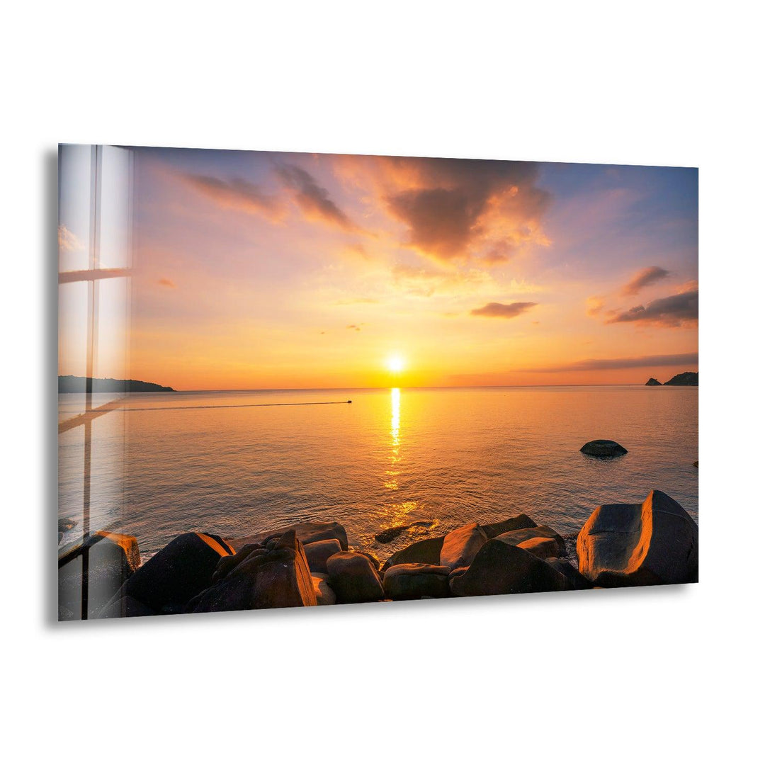 Golden Sunset Over Calm Waters – A Stunning Coastal Glass Wall Art
