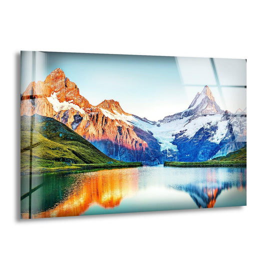 Mountain Reflection Glass Wall Art – A Stunning Nature-Inspired Print
