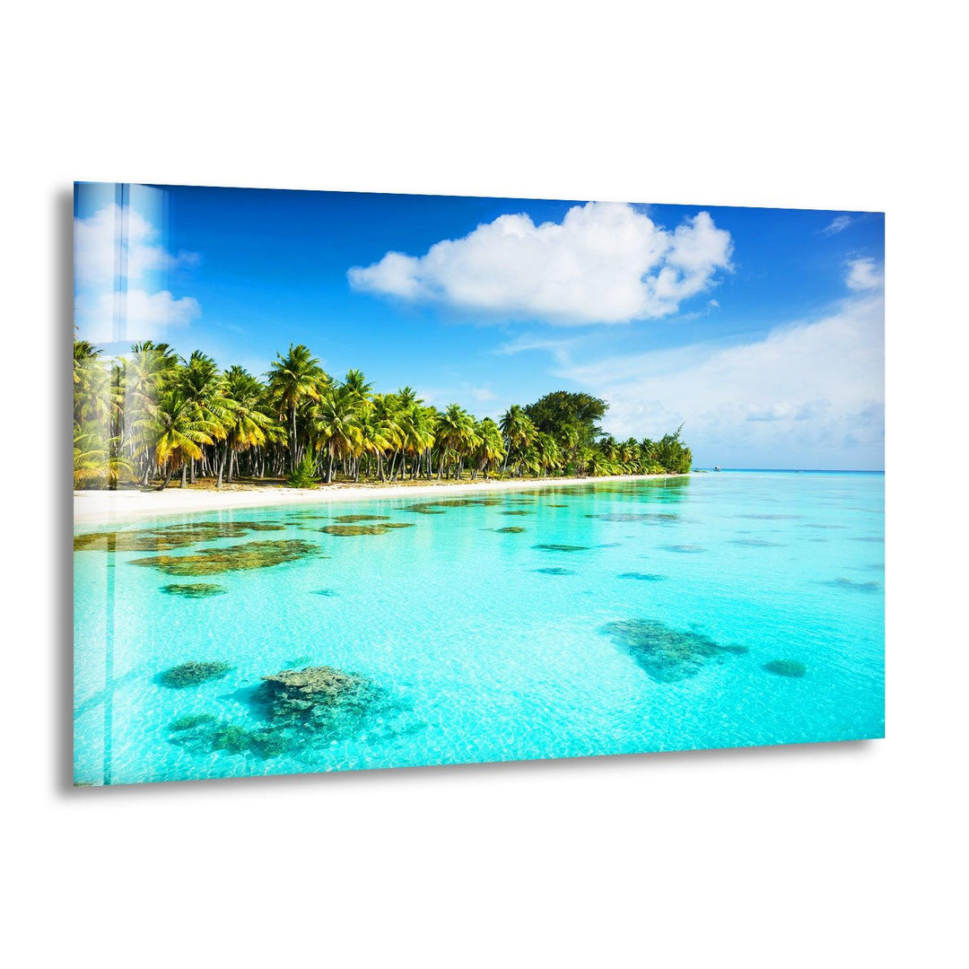 Stunning tropical beach with crystal-clear turquoise waters, printed on glass wall art.
