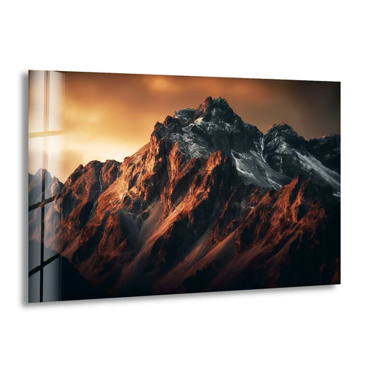 Majestic mountain peaks towering over the landscape, captured in stunning glass art.
