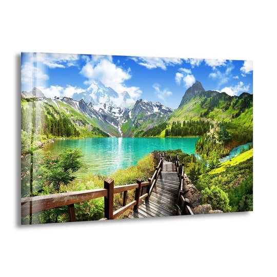 Sweeping across the Scenic Mountain Lake, the wooden walkway creates a sense of movement towards the shimmering turquoise lake in this unique modern wall decor glass art print.