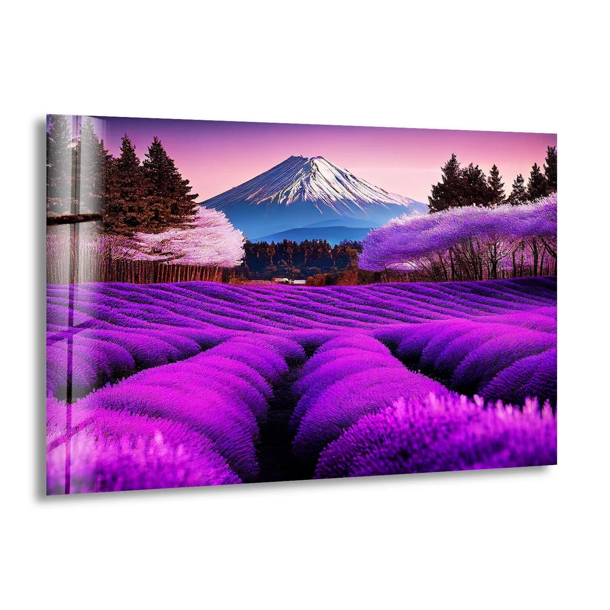 Horizontal Lavender Fields in Bali scene showcasing the landscape artwork's rectangular shape, crafted as a stunning piece of tempered glass wall art.