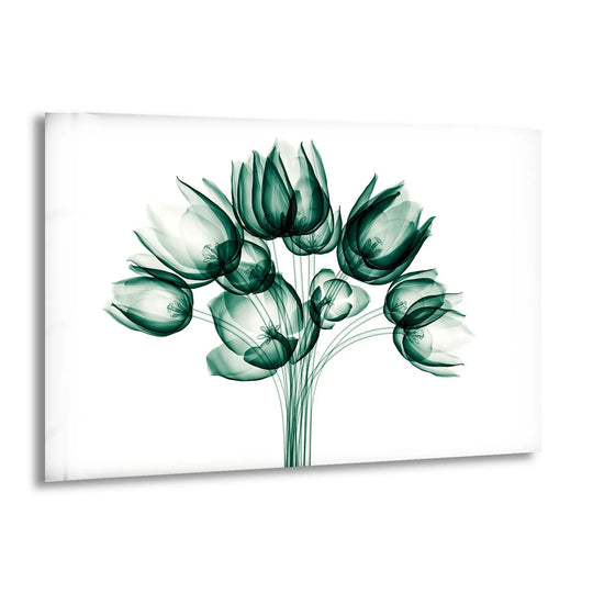 Negative space highlights the delicate, translucent forms within this x-ray flower bouquet on glass wall art decor.