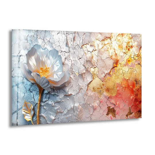 Petals are the softest element in this silver flower abstract tempered glass wall art featuring a delicate floral design.