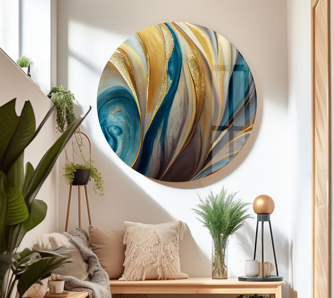 Teal Gold Swirl Wall Art – Elegant Abstract Glass Print for Modern Interiors