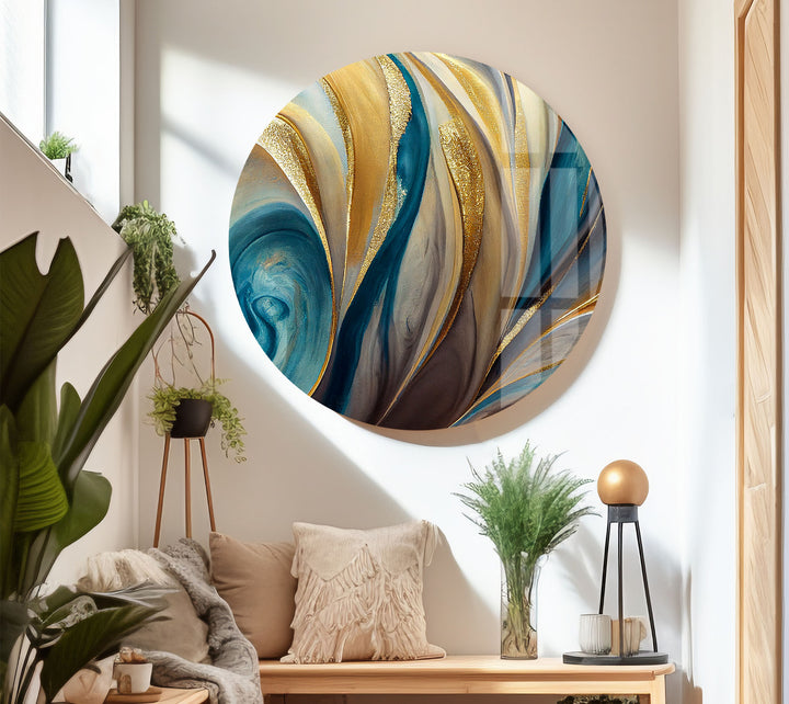 Teal Gold Swirl Wall Art – Elegant Abstract Glass Print for Modern Interiors