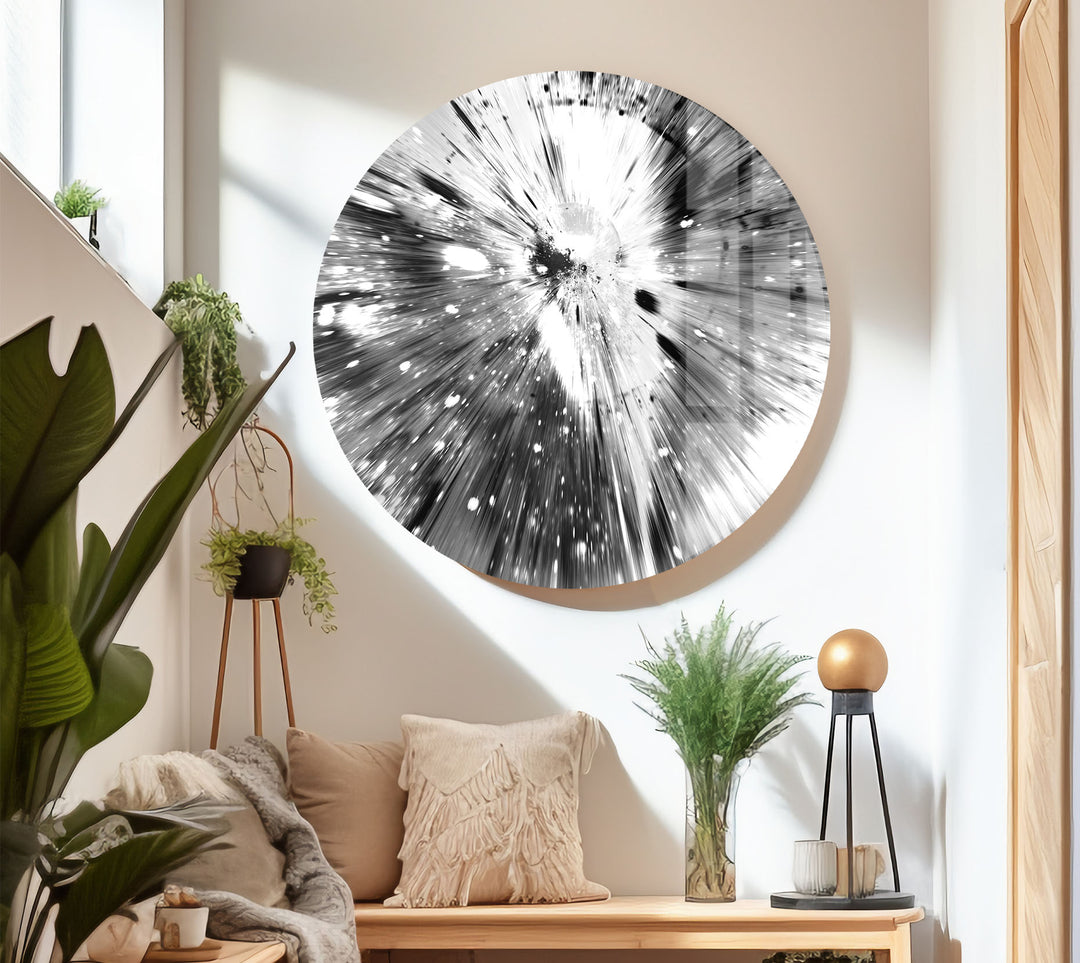 Monochrome Explosion Wall Art – Abstract Black and White Glass Print