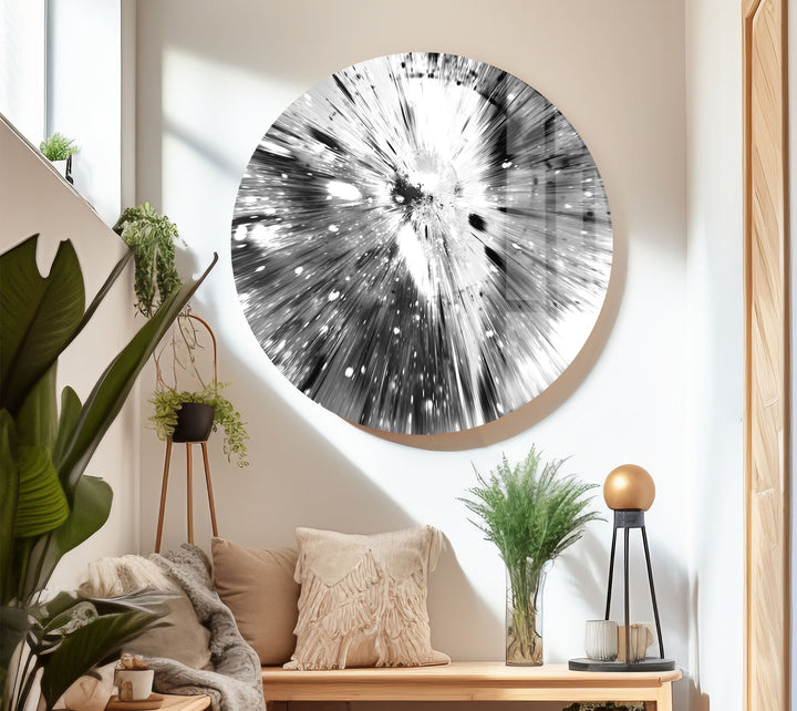 Monochrome Explosion Wall Art – Abstract Black and White Glass Print