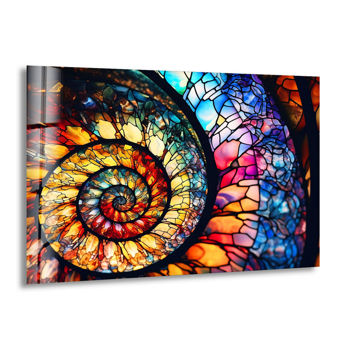 Spiralförmige Wandkunst aus Buntglas – Lebendiges Nautilusmuschel-Design 