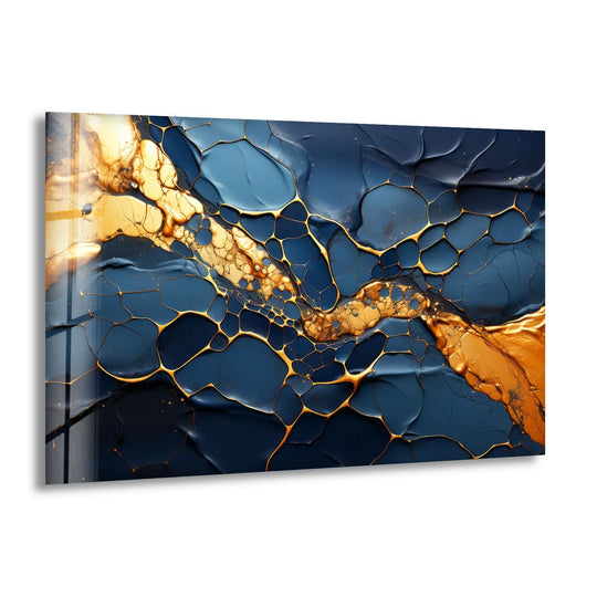 Bright gold veins burst through navy blue cells in this stunning abstract decorative wall art.