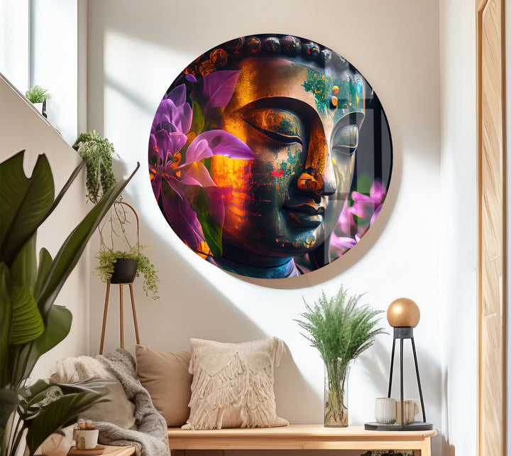 Colorful Buddha Wall Art – Floral Enlightenment Glass Print