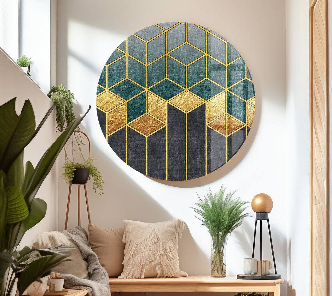 Gold Teal Geometric Wall Art – Luxury Patterned Glass Print for Modern Decor