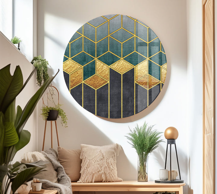 Gold Teal Geometric Wall Art – Luxury Patterned Glass Print for Modern Decor