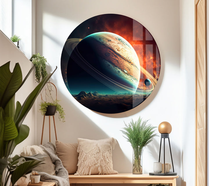 Saturn über fremdem Horizont – Planetenlandschaft, Glaswandkunst 