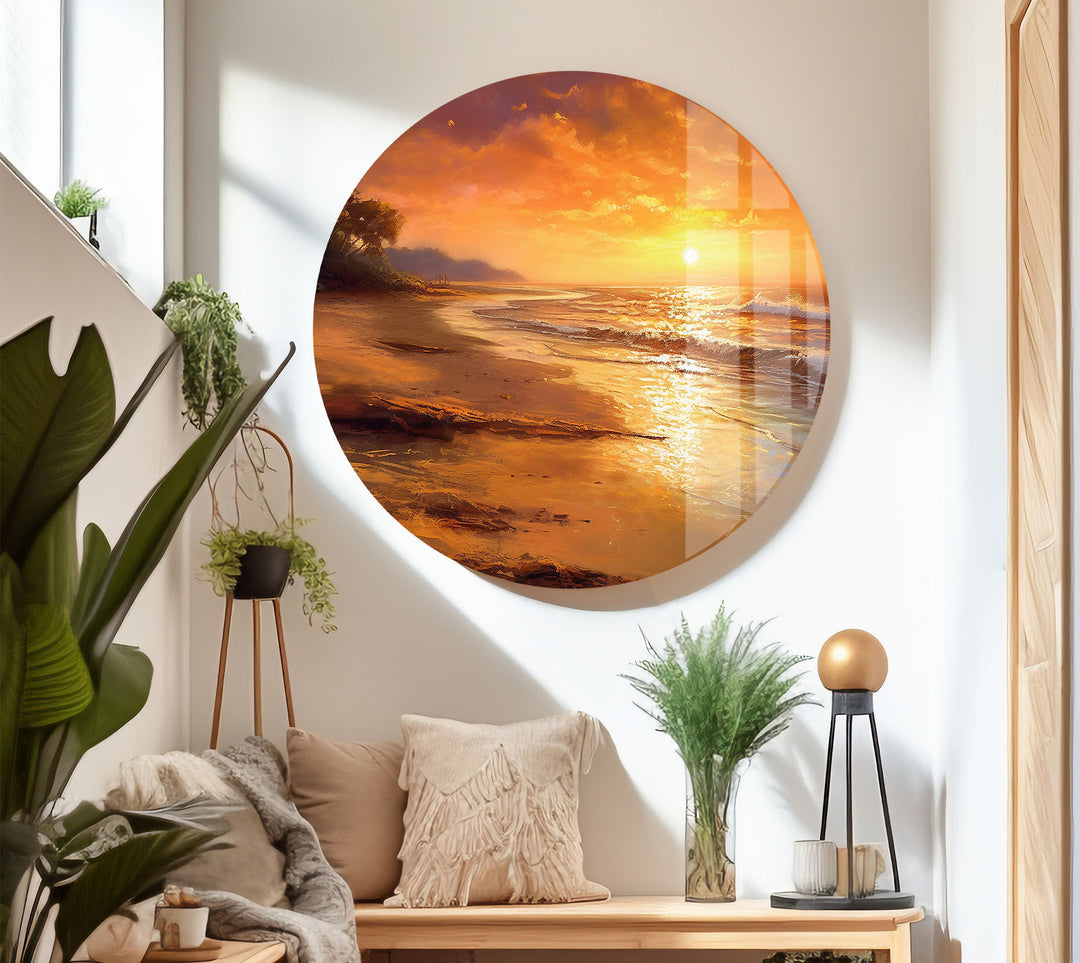 Golden Beach Sunset Wall Art – Tranquil Ocean Shoreline Print on Glass