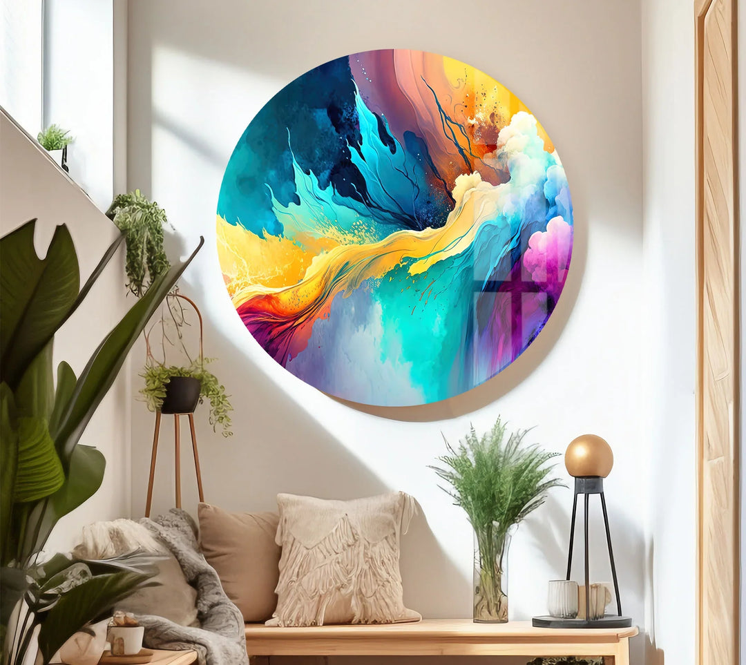 Explosive Color Abstract Glass Wall Art – Vibrant Turquoise & Yellow Energy - MyPhotoStation