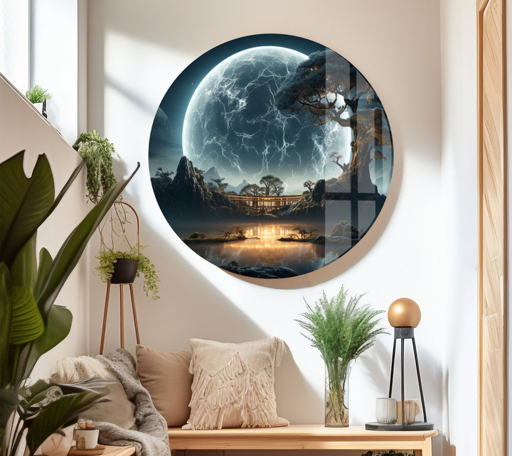 Moonlit Zen Temple Wall Art – Futuristic Landscape Glass Print