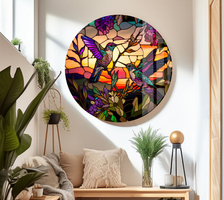 Hummingbird Stained Glass Wall Art – Sunset Floral Window Panel