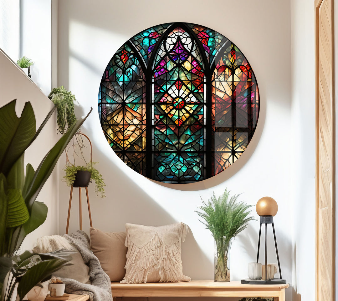 Gothic Cathedral Stained Glass Wall Art – Colorful Sacred Window Panel Decor