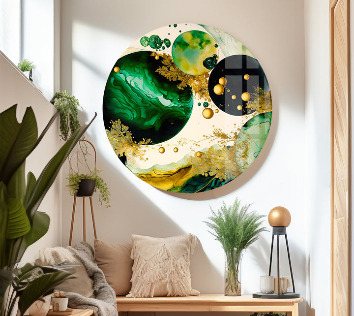 Emerald & Gold Abstract Glass Wall Art – Modern Luxury Home Decor