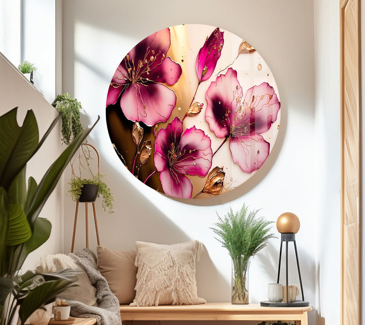 Rosa florale Glaswandkunst – Elegantes goldenes Blütenblatt, modernes botanisches Dekor
