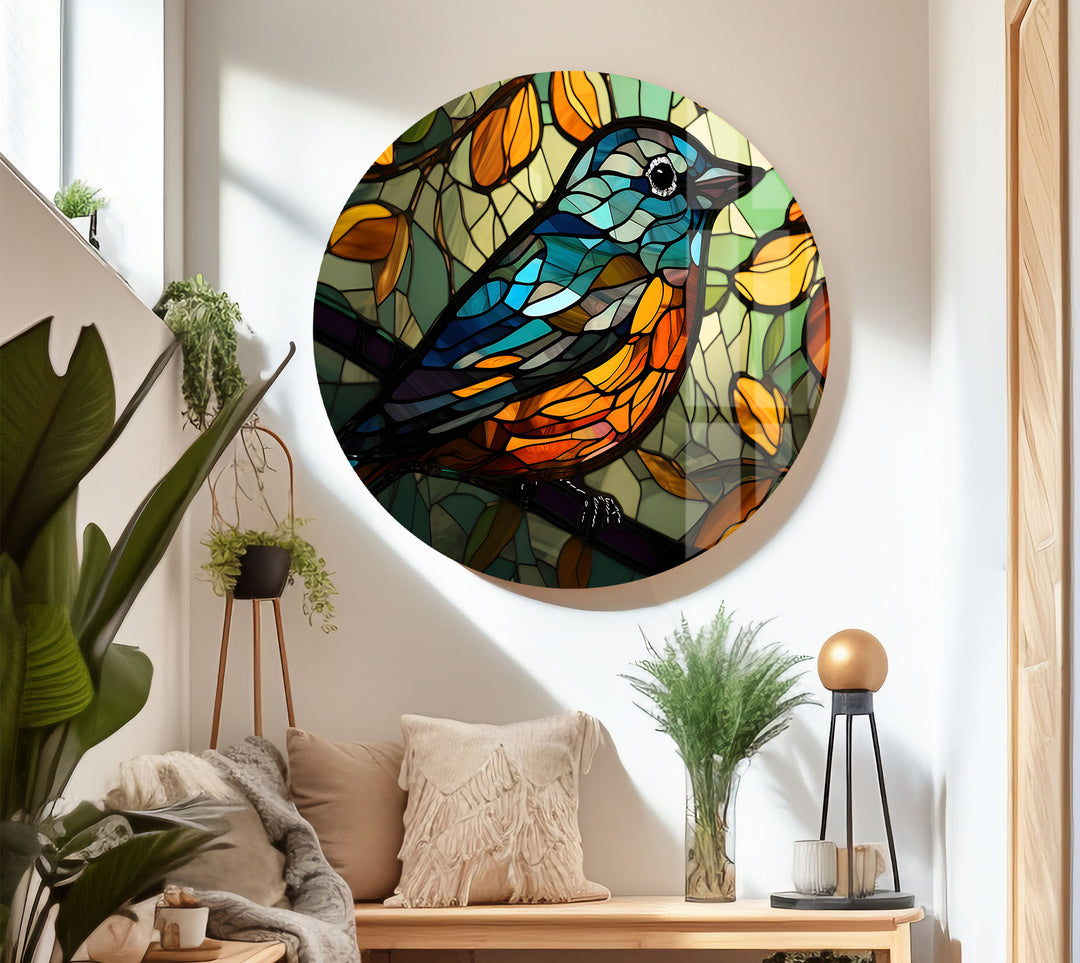 Stained Glass Bird Wall Art – Colorful Songbird on Branch, Nature-Inspired Decor