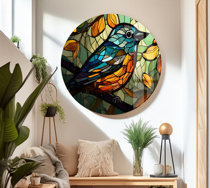 Stained Glass Bird Wall Art – Colorful Songbird on Branch, Nature-Inspired Decor