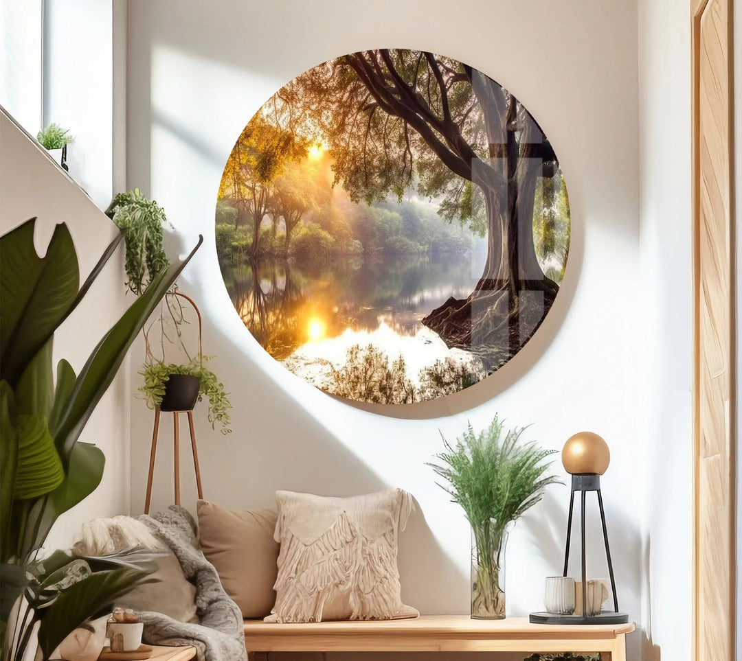 Golden Forest Sunrise Reflections – Majestic Tree and River Glass Wall Art - MyPhotoStation