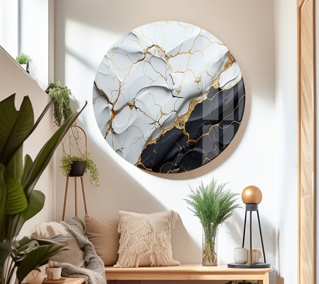 Elegant Cracked Marble Wall Art – Black White Gold Abstract Glass Print