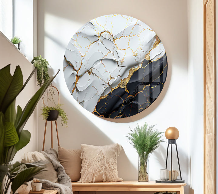 Elegant Cracked Marble Wall Art – Black White Gold Abstract Glass Print