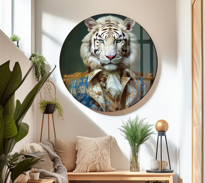 Königliches weißes Tigerporträt als Wandkunst – Kunstwerk im königlichen Tierkostüm