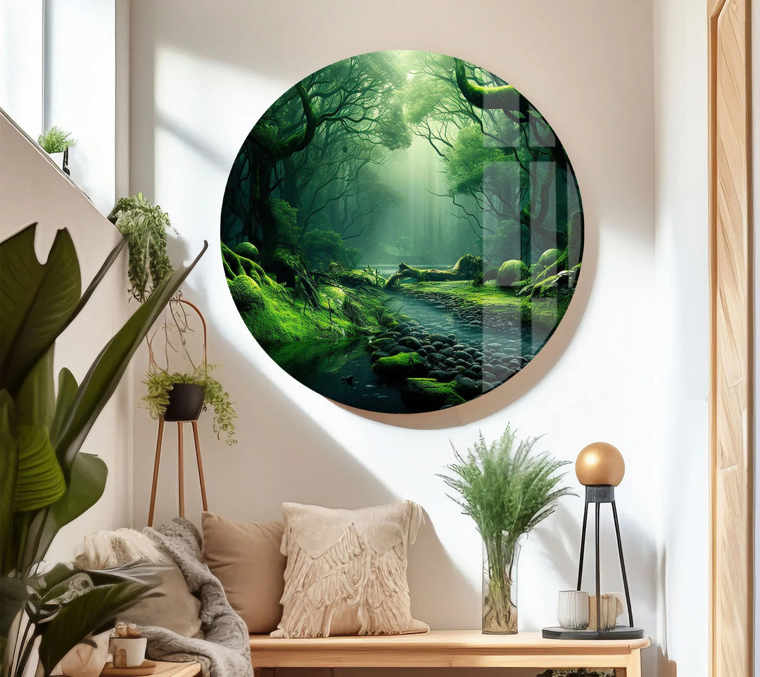 Mystical Enchanted Forest Stream Wall Art – Lush Green Nature Glass Print - MyPhotoStation