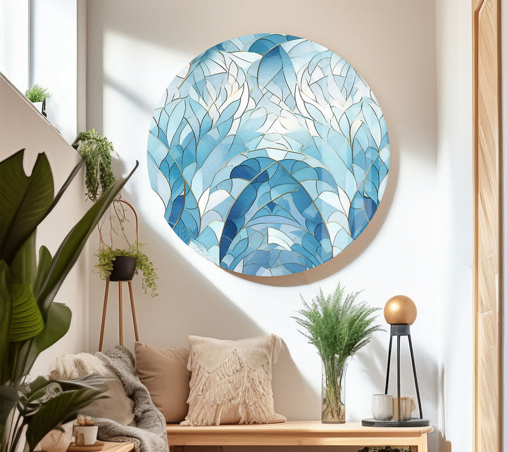 Ocean Leaf Stained Glass Wall Art – Blue Botanical Window Panel, Calming Nature Decor