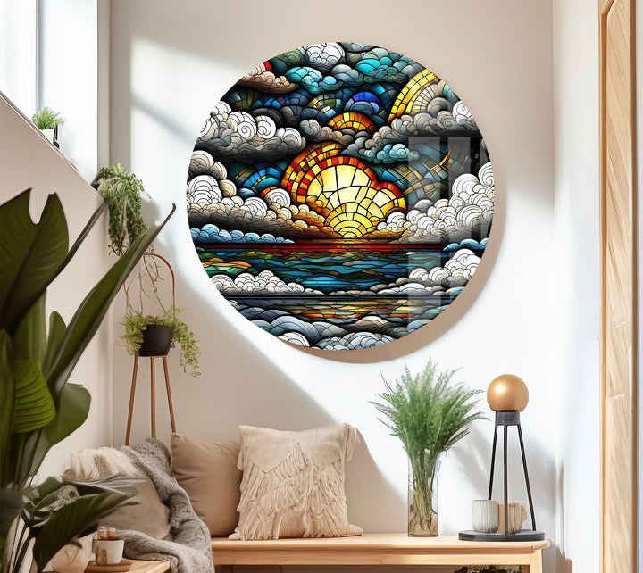 Stained Glass Sunrise Cloudscape Wall Art – Serene Horizon Decor