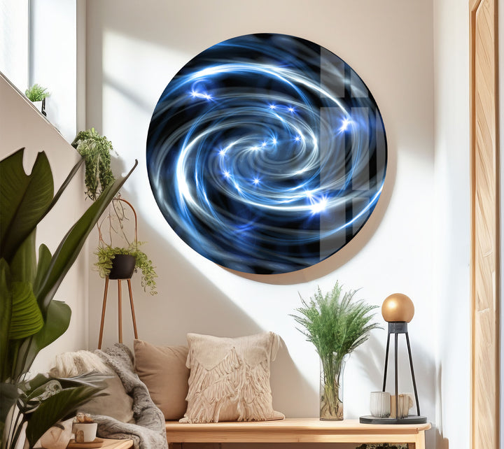 Spiralgalaxie-Wandkunst aus Glas – Blauer kosmischer Wirbel mit Sternenexplosionen