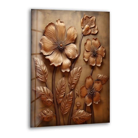 Elegant bronze flower glass printing with detailed petals and leaves on a textured brown background.