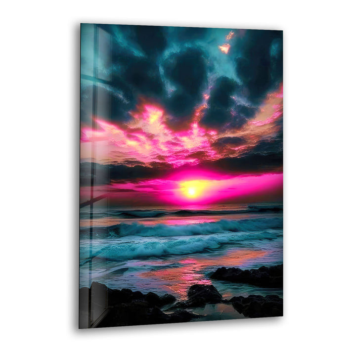 Lebendige Sonnenuntergang Ozean Wandkunst – Rosa Himmel &amp; Wellen Glasdruck-Design