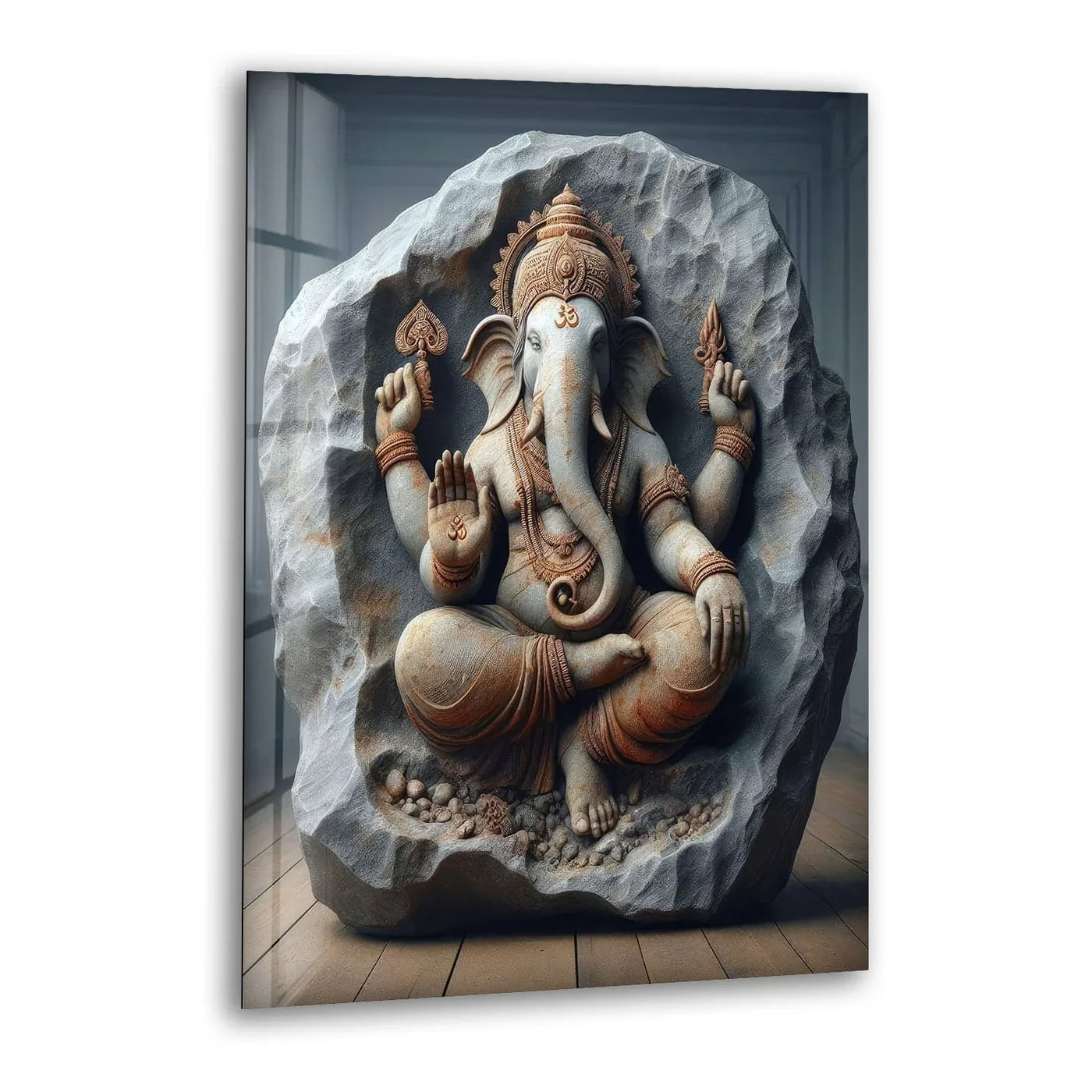 Subtle shifts between light and dark shades define the Buddha Sitting on Stone glass wall art, offering unique modern wall decor with spiritual elegance.
