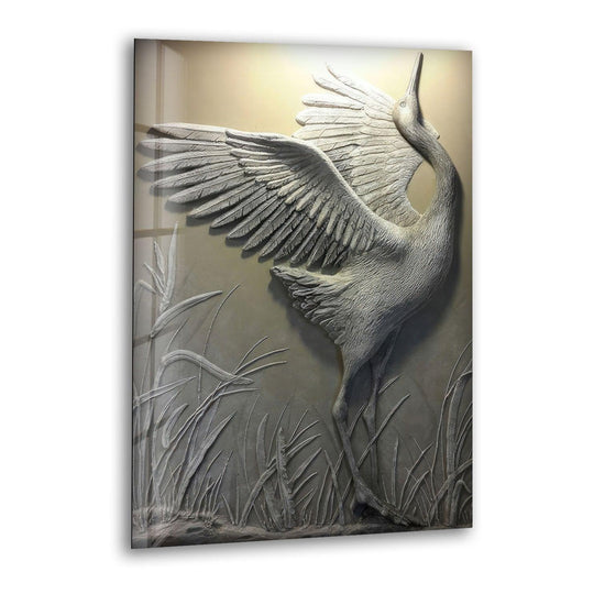 The darkest shadows define the textured reeds and the grounded legs of this stork stone art glass wall art.
