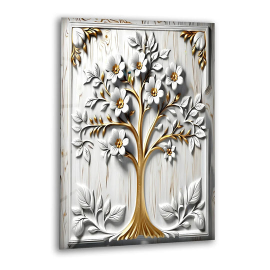 A radiant gold and white 3D flower tree adorns this striking glass wall artwork.