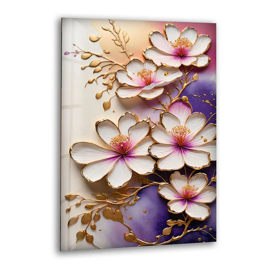 A close-up of luminous white flowers with delicate pink and gold details, part of a stunning print wall art.