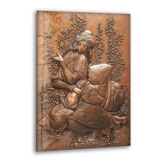 Exquisite bronze art woman glass art painting showcasing intricate details and rich metallic texture.