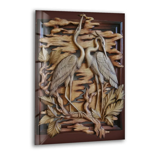 Elegant couple storks in a dynamic carved wood relief, showcasing the best glass art with intricate feather details and dramatic clouds.