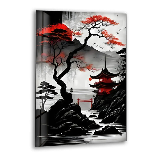 Red Moon Japan Art Glass Wall Art print picture on glass, Tempered Glass Wall Art

