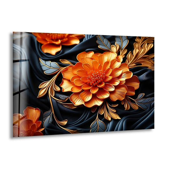 Orange and gold embossed flowers are highlighted by dramatic light and shadow on this hanging wall art.