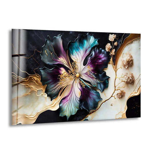 A marble design flower on glass wall art decor features a dark, wavy edge with golden accents.