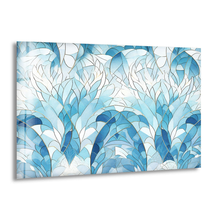 Ocean Leaf Stained Glass Wall Art – Blue Botanical Window Panel, Calming Nature Decor